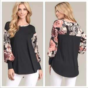 Mai‎ Soli Black Multicolor Floral Puffy Sleeve Top